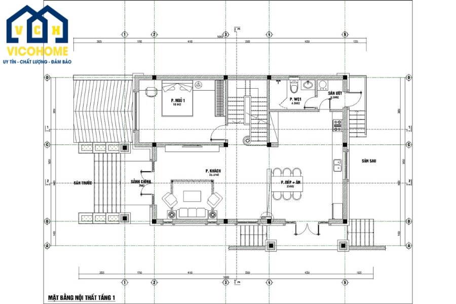 Bố trí công năng tầng 1 nhà 2 tầng 4 phòng ngủ 8x12